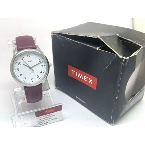 Timex Women's Watch TW2V36100 Indiglo Quartz Silver Dial Burgundy Leather 33mm - Picture 3 of 15